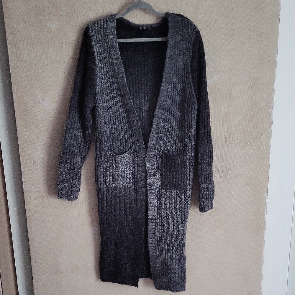 Gray Open-Front Ombre Knit Sweater Cardigan